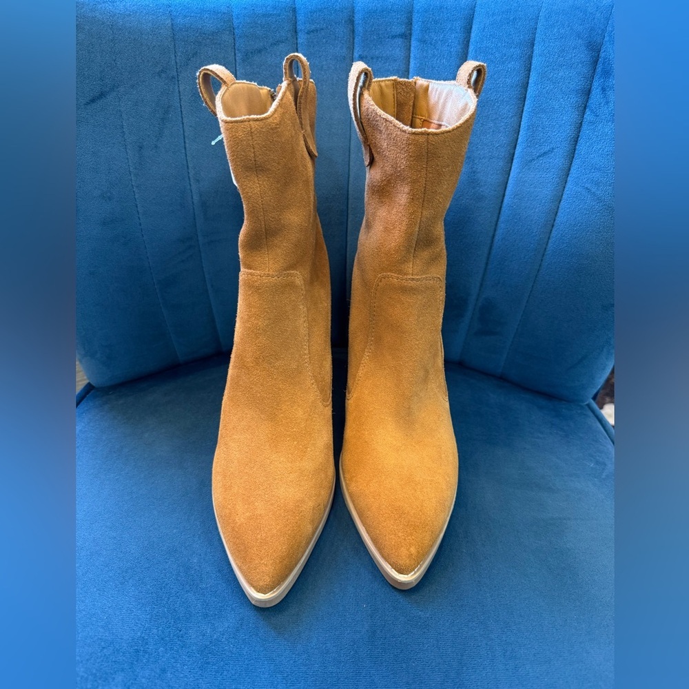 Splendid Raquel Tan Suede Western Ankle Boots Pointed Toe Block Heel - Picture 2 of 5